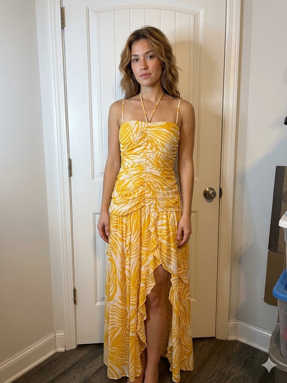 White House Black Market Yellow & White Ruched High-Low Maxi Dress